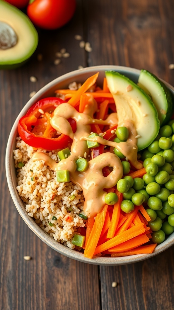 A vibrant Vegan Bang Bang Bowl with quinoa, vegetables, avocado, and bang bang sauce on a rustic table.